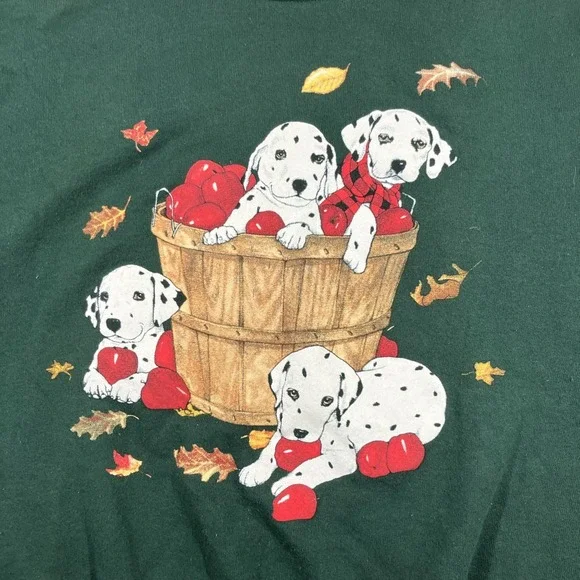 Vintage Dalmations Sweater Dog Apples Fall Plaid Neck Sweatshirt Size M Green - Picture 5 of 10